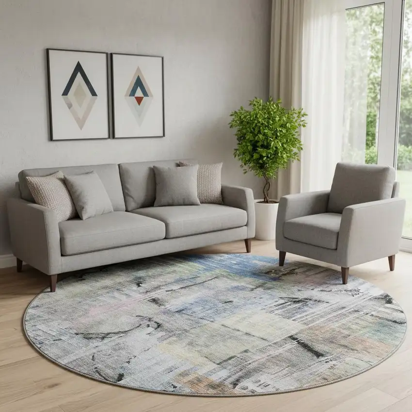 8' Blue And Black Abstract Washable Round Rug With UV Protection Photo 2