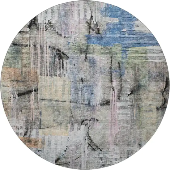8' Blue And Black Abstract Washable Round Rug With UV Protection Photo 4