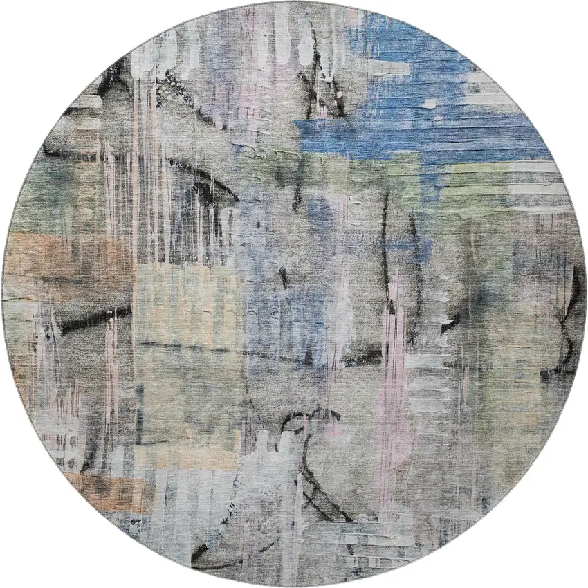 8' Blue And Black Abstract Washable Round Rug With UV Protection Photo 4