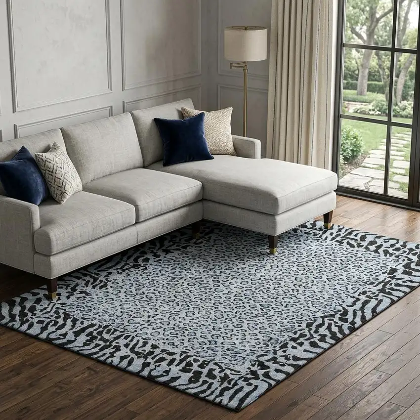 8' Blue And Black Animal Print Washable Area Rug With UV Protection Photo 1