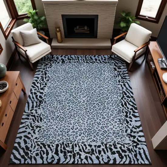 8' Blue And Black Animal Print Washable Area Rug With UV Protection Photo 5
