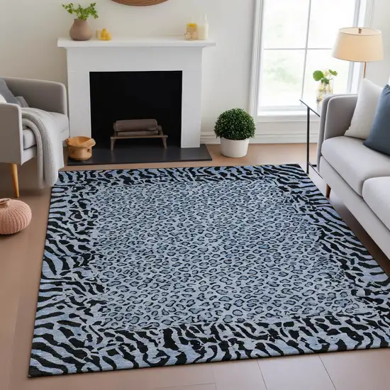 8' Blue And Black Animal Print Washable Area Rug With UV Protection Photo 4