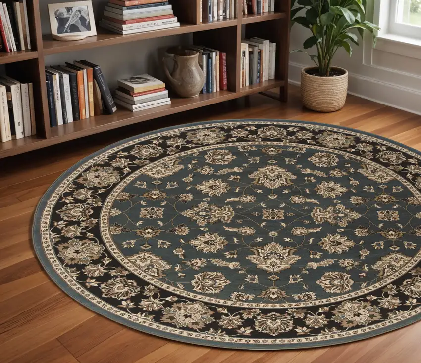 8' Blue And Black Floral Round Rug Photo 1
