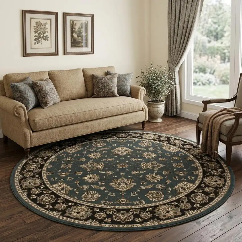 8' Blue And Black Floral Round Rug Photo 1