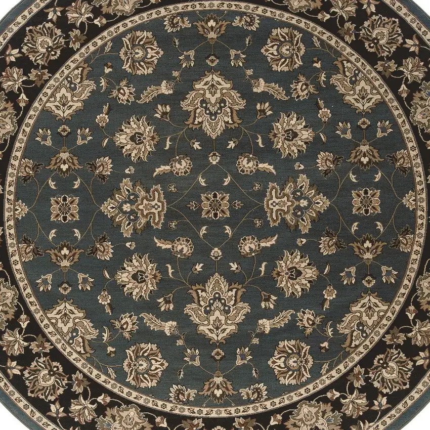 8' Blue And Black Floral Round Rug Photo 5