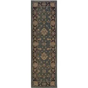 Photo of 8' Blue And Black Floral Runner Rug