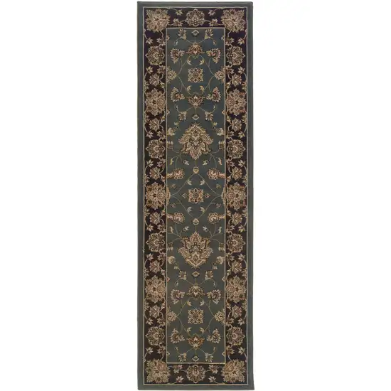 8' Blue And Black Floral Runner Rug Photo 2