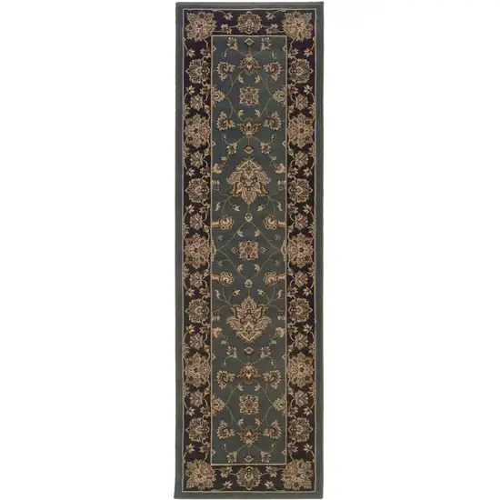 8' Blue And Black Floral Runner Rug Photo 5