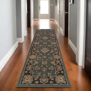 Photo of 8' Blue And Black Floral Runner Rug