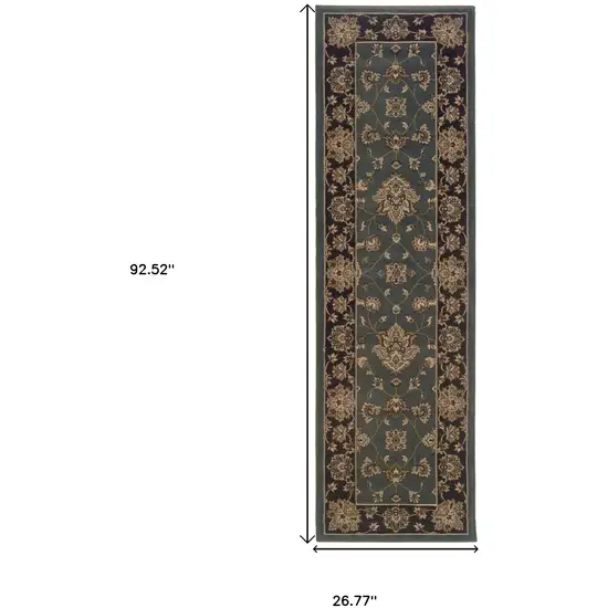 8' Blue And Black Floral Runner Rug Photo 3