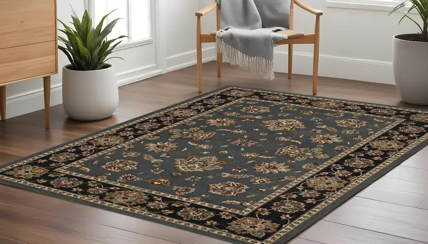8' Blue And Black Floral Square Rug Photo 1