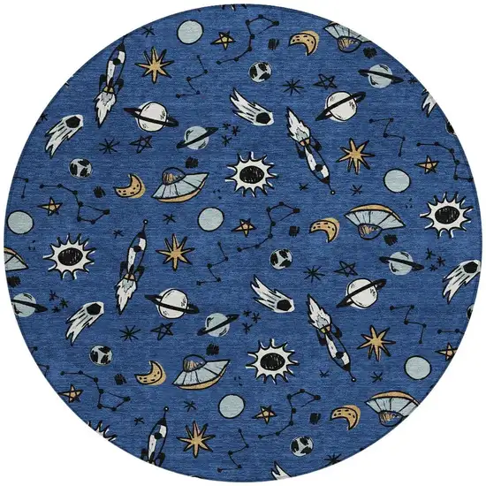 8' Blue And Black Round Animal Print Washable Indoor Outdoor Area Rug Photo 3