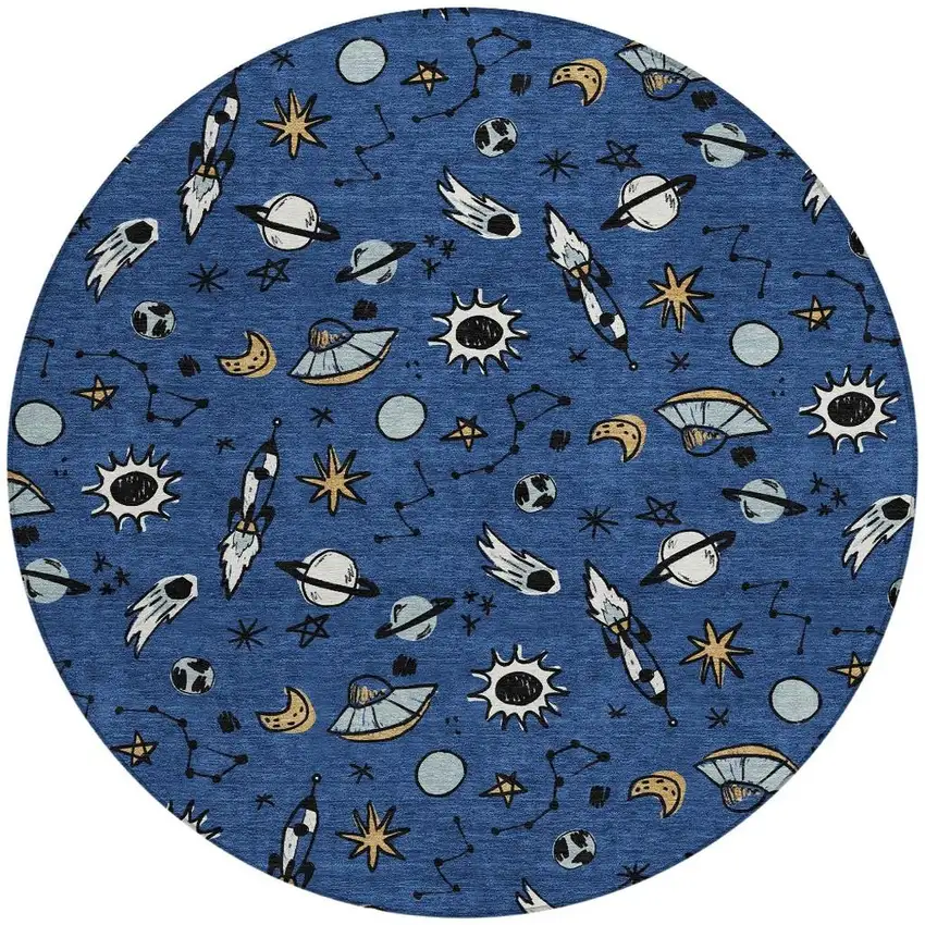 8' Blue And Black Round Animal Print Washable Indoor Outdoor Area Rug Photo 3