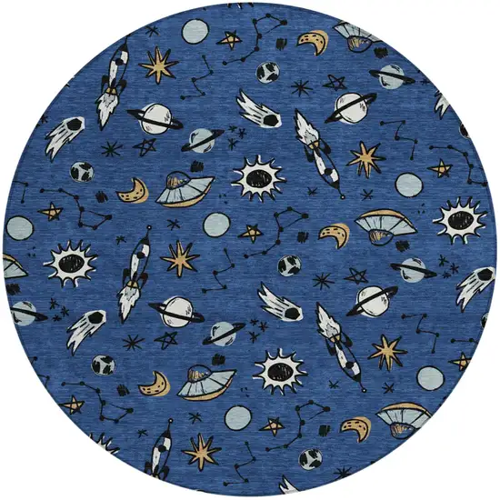 8' Blue And Black Round Animal Print Washable Indoor Outdoor Area Rug Photo 1