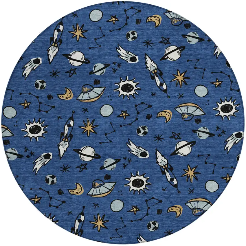 8' Blue And Black Round Animal Print Washable Indoor Outdoor Area Rug Photo 1