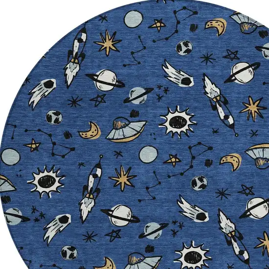 8' Blue And Black Round Animal Print Washable Indoor Outdoor Area Rug Photo 2