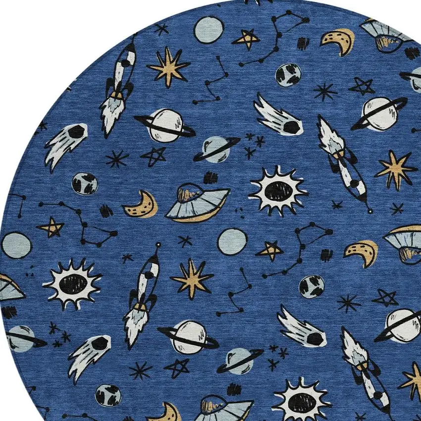 8' Blue And Black Round Animal Print Washable Indoor Outdoor Area Rug Photo 2