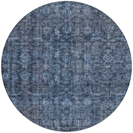 8' Blue And Black Round Damask Washable Indoor Outdoor Area Rug Photo 5