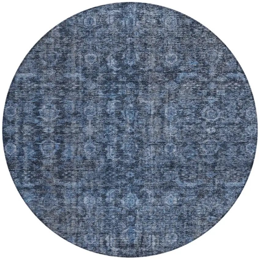 8' Blue And Black Round Damask Washable Indoor Outdoor Area Rug Photo 5