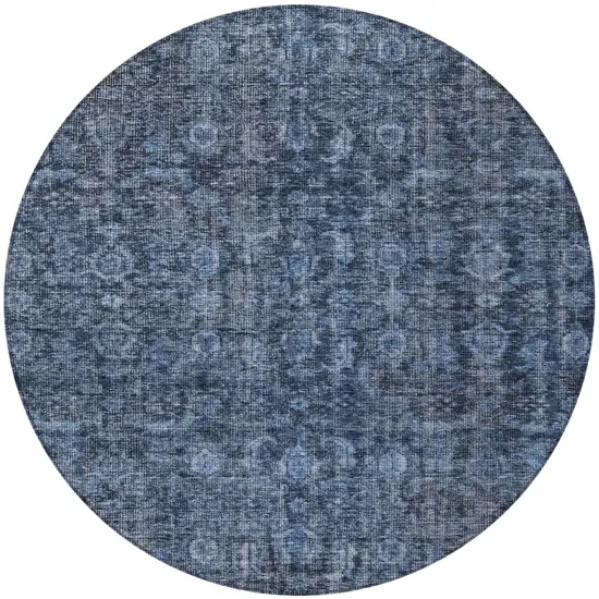8' Blue And Black Round Damask Washable Indoor Outdoor Area Rug Photo 6
