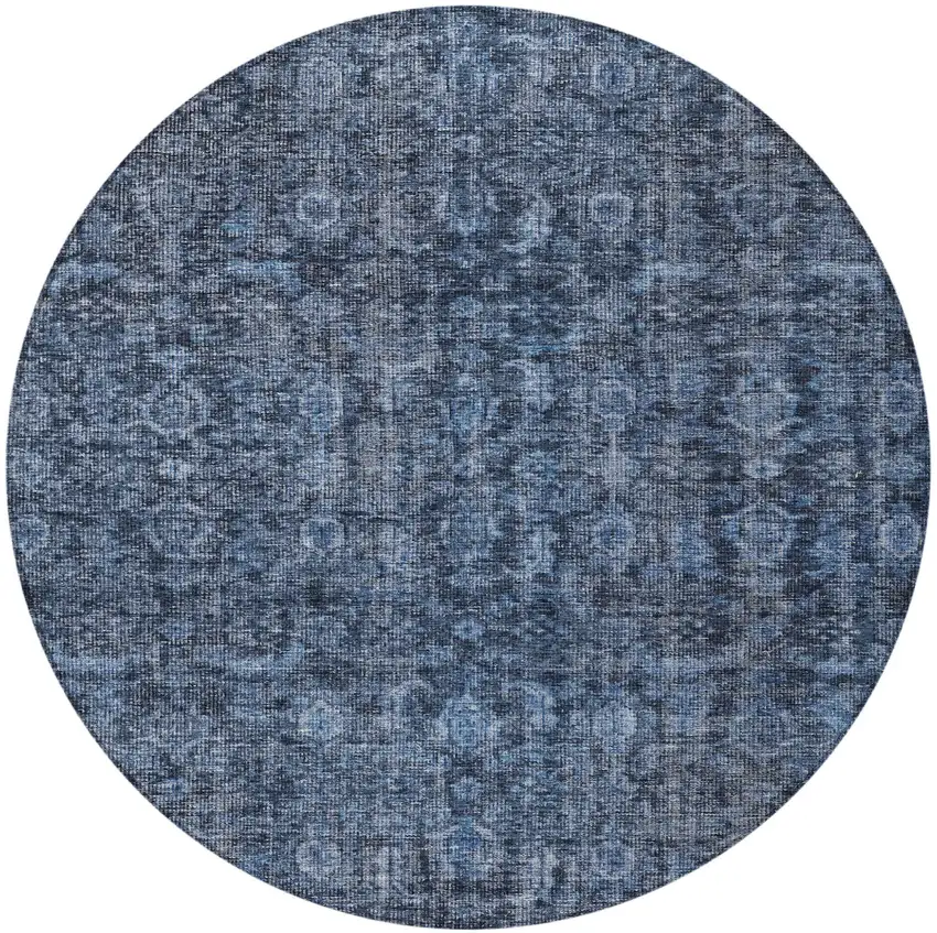 8' Blue And Black Round Damask Washable Indoor Outdoor Area Rug Photo 6