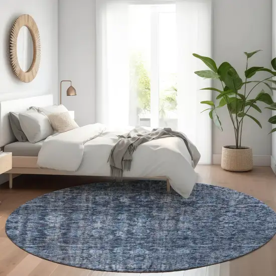 8' Blue And Black Round Damask Washable Indoor Outdoor Area Rug Photo 8