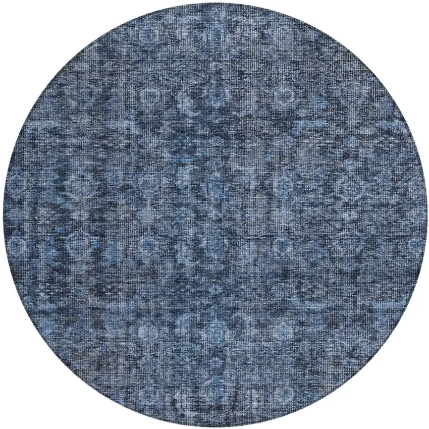 8' Blue And Black Round Damask Washable Indoor Outdoor Area Rug Photo 2