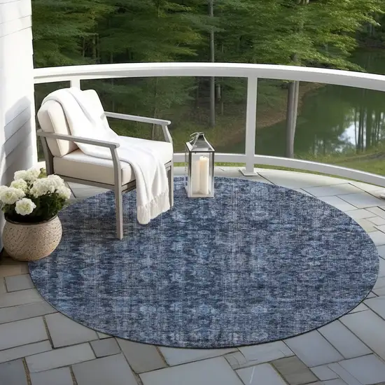 8' Blue And Black Round Damask Washable Indoor Outdoor Area Rug Photo 7