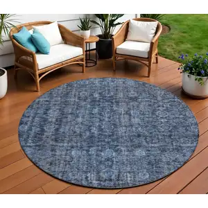 Photo of 8' Blue And Black Round Damask Washable Indoor Outdoor Area Rug