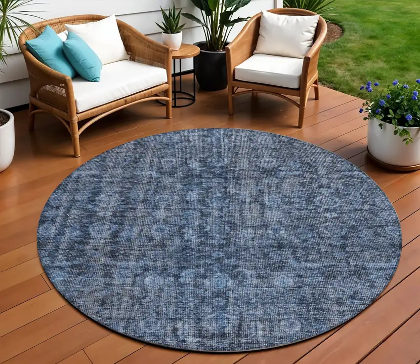8' Blue And Black Round Damask Washable Indoor Outdoor Area Rug Photo 1