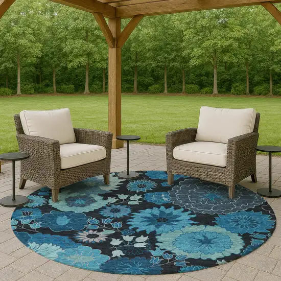 8' Blue And Black Round Floral Washable Indoor Outdoor Area Rug Photo 7