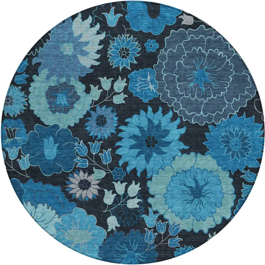 8' Blue And Black Round Floral Washable Indoor Outdoor Area Rug Photo 2