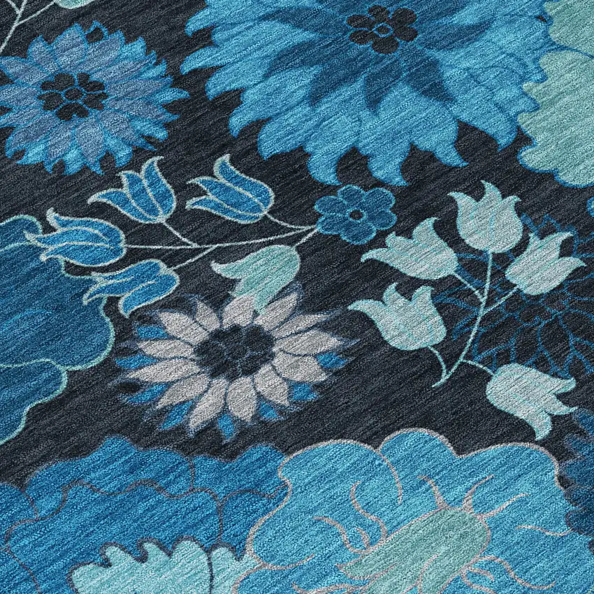 8' Blue And Black Round Floral Washable Indoor Outdoor Area Rug Photo 6