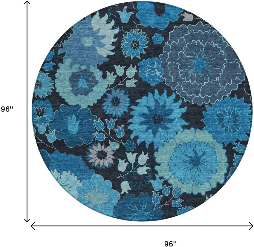 8' Blue And Black Round Floral Washable Indoor Outdoor Area Rug Photo 3