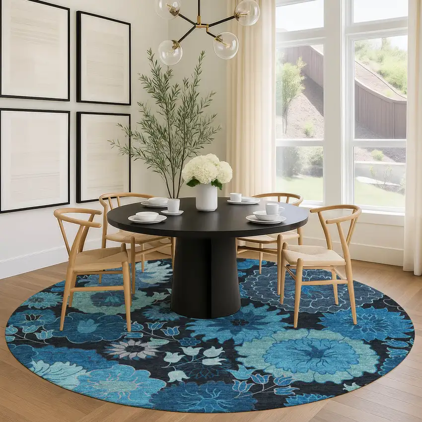 8' Blue And Black Round Floral Washable Indoor Outdoor Area Rug Photo 8