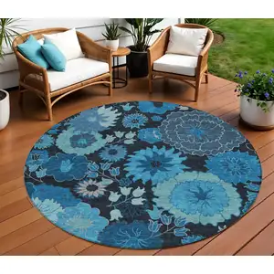 Photo of 8' Blue And Black Round Floral Washable Indoor Outdoor Area Rug