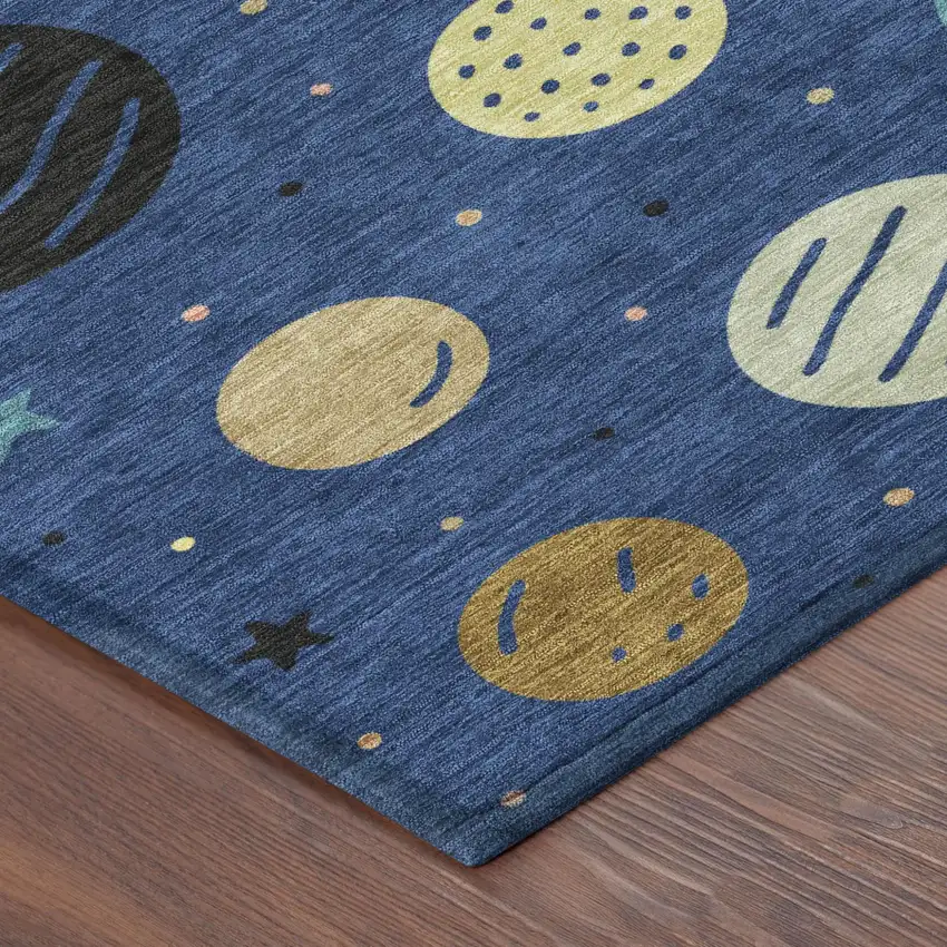 8' Blue And Black Round Floral Washable Indoor Outdoor Area Rug Photo 4