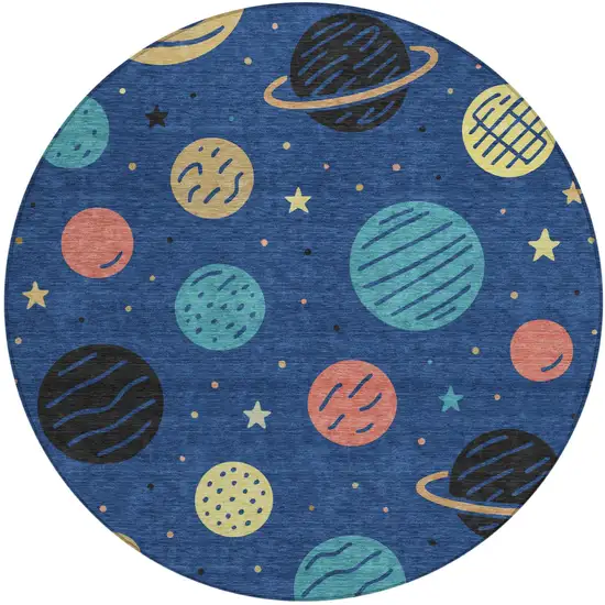 8' Blue And Black Round Floral Washable Indoor Outdoor Area Rug Photo 1