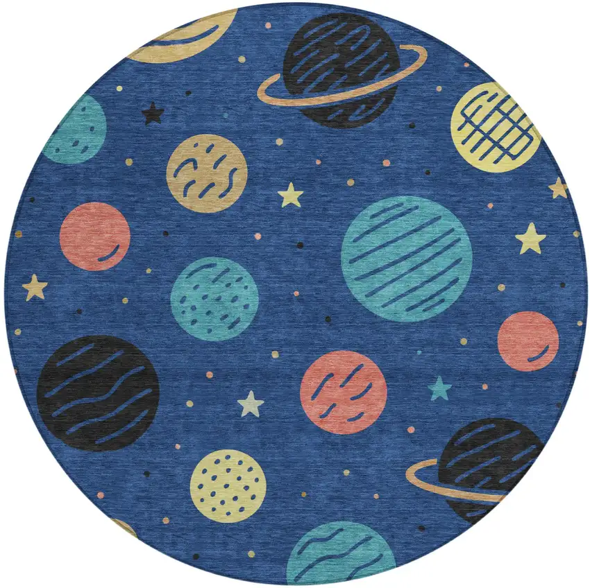 8' Blue And Black Round Floral Washable Indoor Outdoor Area Rug Photo 1