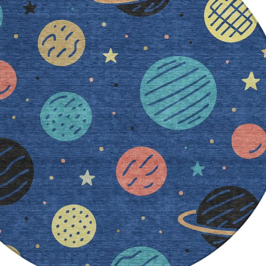 8' Blue And Black Round Floral Washable Indoor Outdoor Area Rug Photo 2