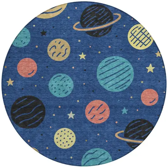 8' Blue And Black Round Floral Washable Indoor Outdoor Area Rug Photo 3