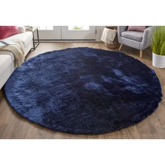 8' Blue and Black Shag Hand Tufted Round Rug Photo 5