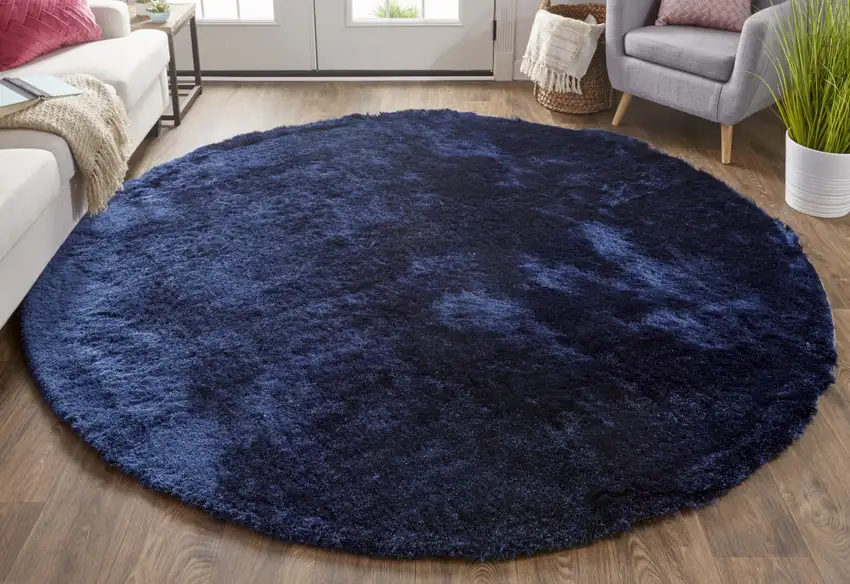 8' Blue and Black Shag Hand Tufted Round Rug Photo 5