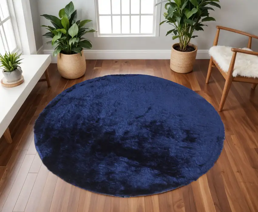 8' Blue and Black Shag Hand Tufted Round Rug Photo 1
