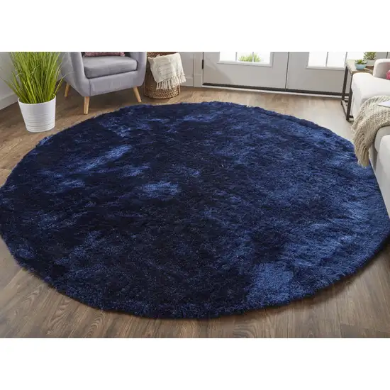 8' Blue and Black Shag Hand Tufted Round Rug Photo 4