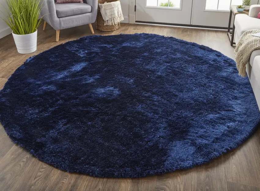 8' Blue and Black Shag Hand Tufted Round Rug Photo 4