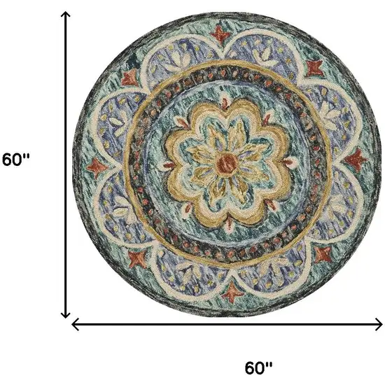 5' Blue And Black Wool Medallion Hand Tufted Round Rug Photo 3