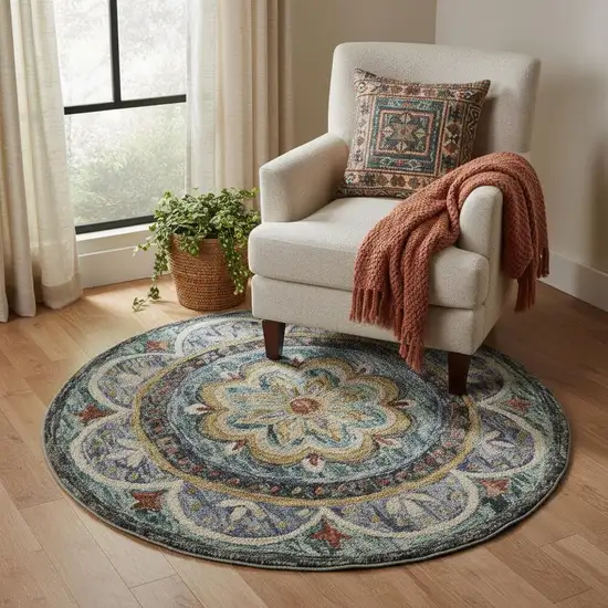 5' Blue And Black Wool Medallion Hand Tufted Round Rug Photo 1