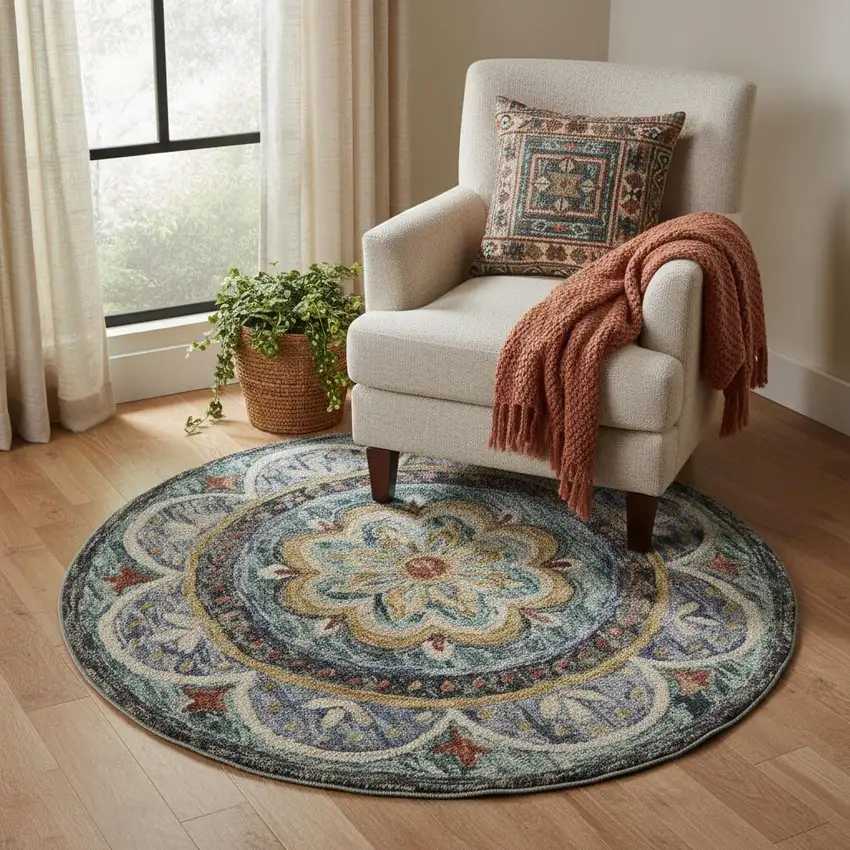 5' Blue And Black Wool Medallion Hand Tufted Round Rug Photo 1