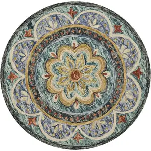 Photo of 5' Blue And Black Wool Medallion Hand Tufted Round Rug